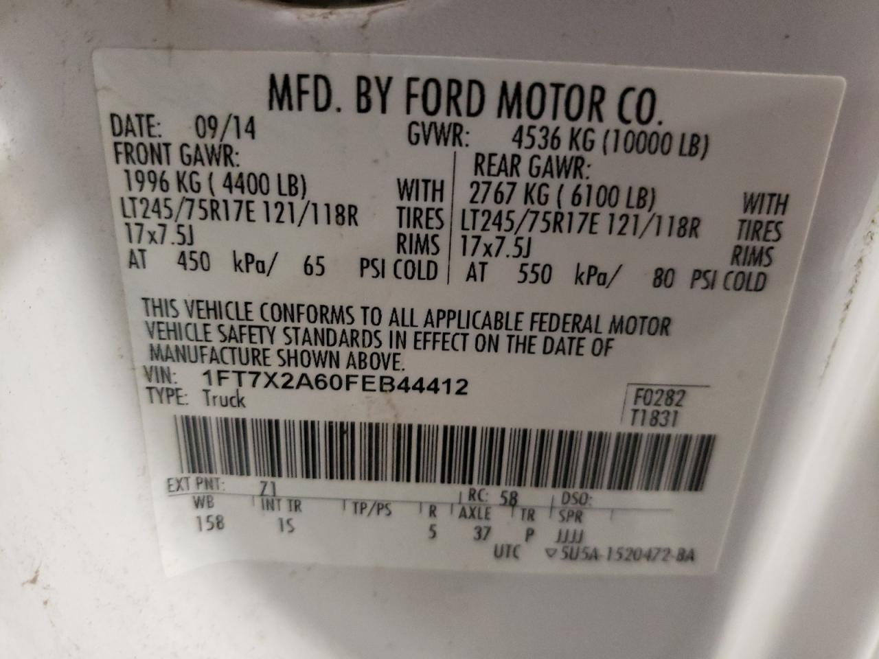 Photo 10 from auction – 2015 FORD F250 SUPER with VIN 1FT7X2A60FEB44412