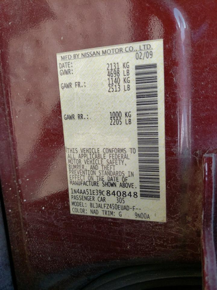 Photo 10 from auction – 2009 NISSAN MAXIMA S with VIN 1N4AA51E39C840848