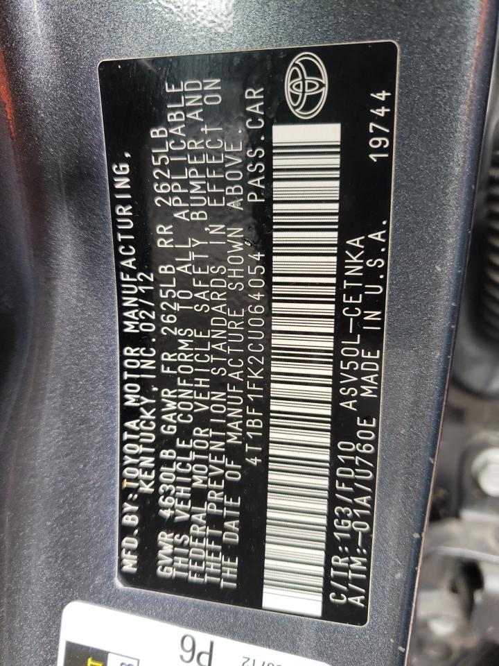 Photo 10 from auction – 2012 TOYOTA CAMRY BASE with VIN 4T1BF1FK2CU064054