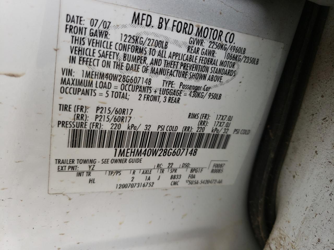 Photo 10 from auction – 2008 MERCURY SABLE LUXU with VIN 1MEHM40W28G607148
