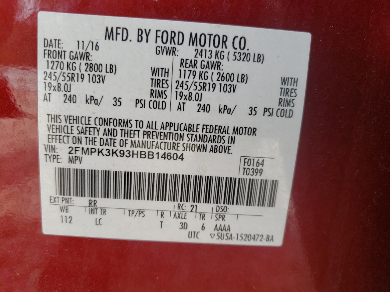 Photo 10 from auction – 2017 FORD EDGE TITAN with VIN 2FMPK3K93HBB14604