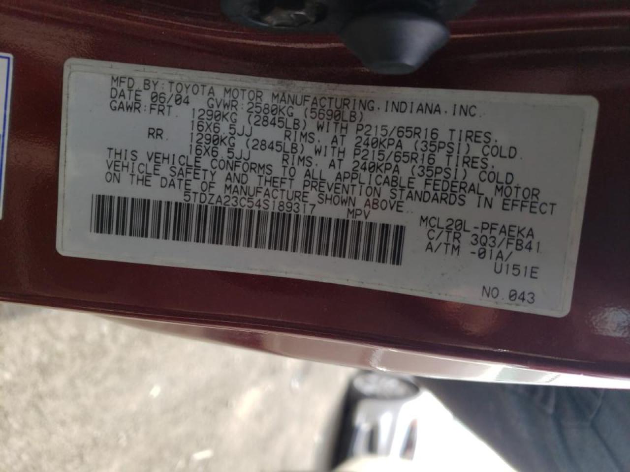 Photo 10 from auction – 2004 TOYOTA SIENNA CE with VIN 5TDZA23C54S189317