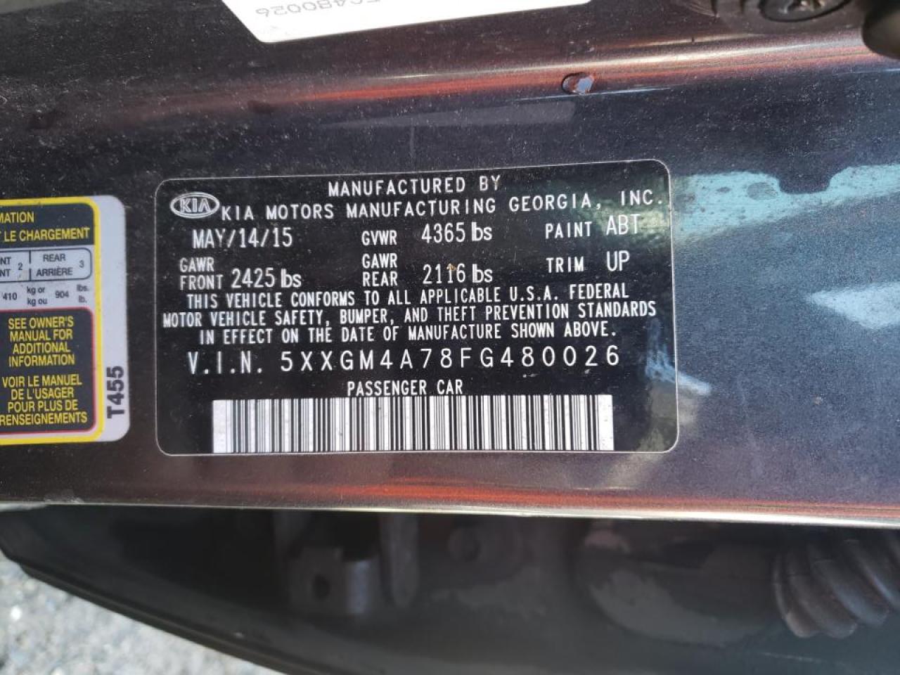 Photo 10 from auction – 2015 KIA OPTIMA with VIN 5XXGM4A78FG480026