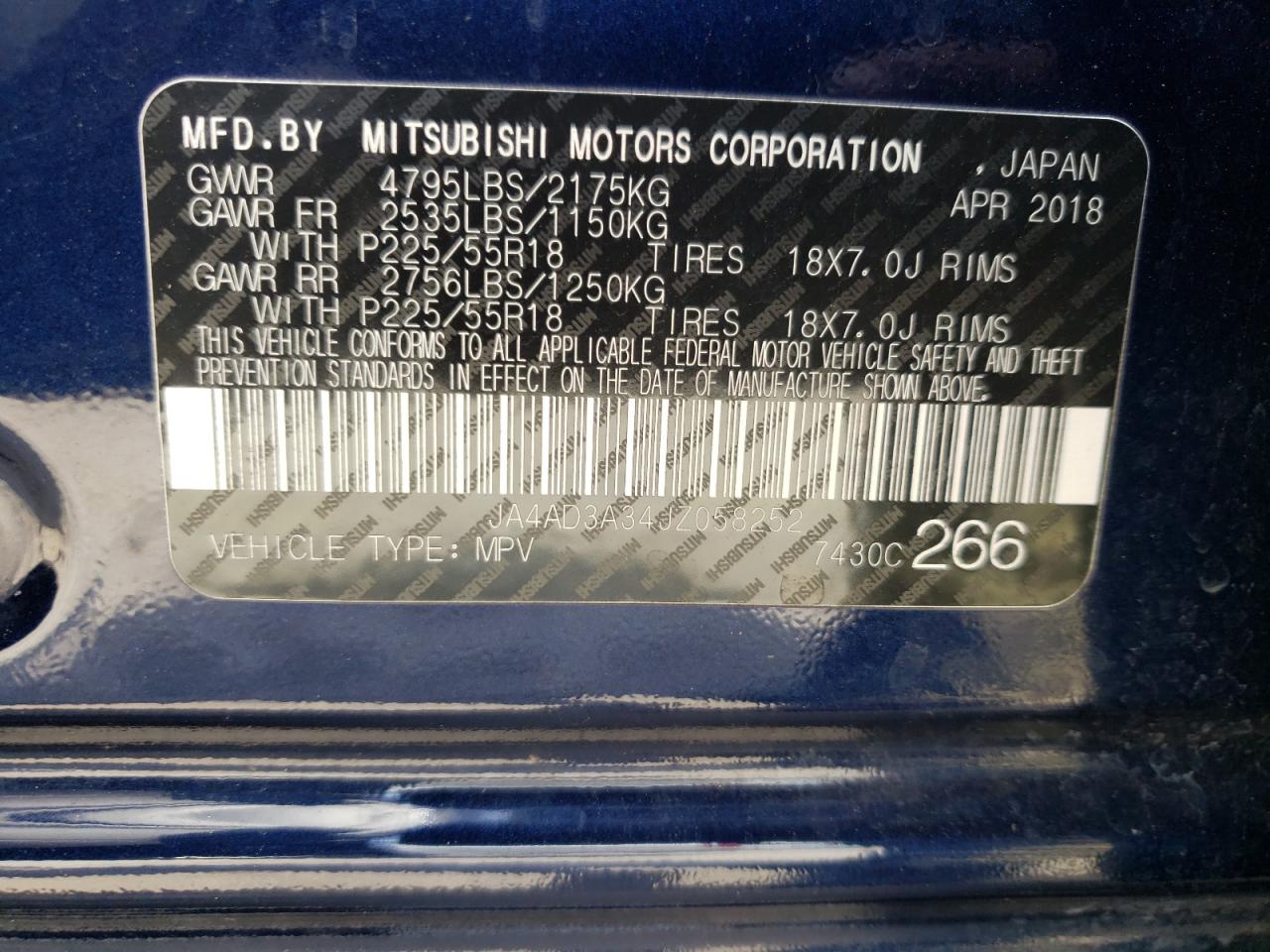 Photo 10 from auction – 2018 MITSUBISHI OUTLANDER with VIN JA4AD3A34JZ058252