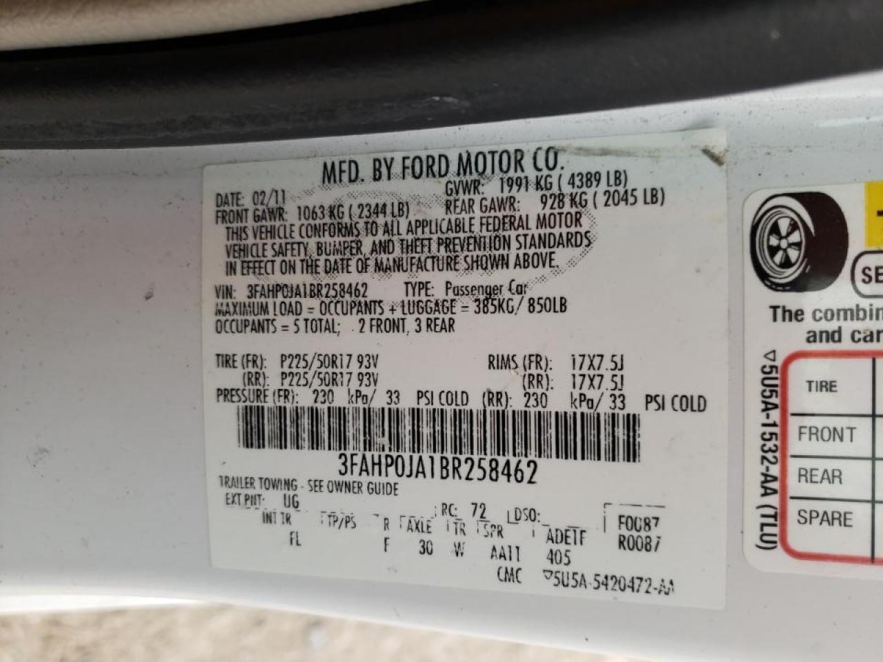 Photo 10 from auction – 2011 FORD FUSION SEL with VIN 3FAHP0JA1BR258462