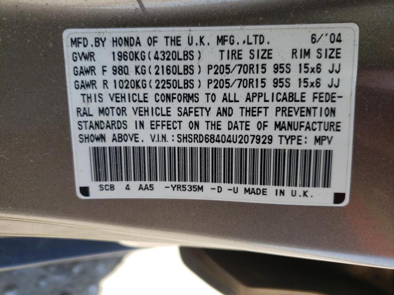 Photo 10 from auction – 2004 HONDA CR-V LX with VIN SHSRD68404U207929