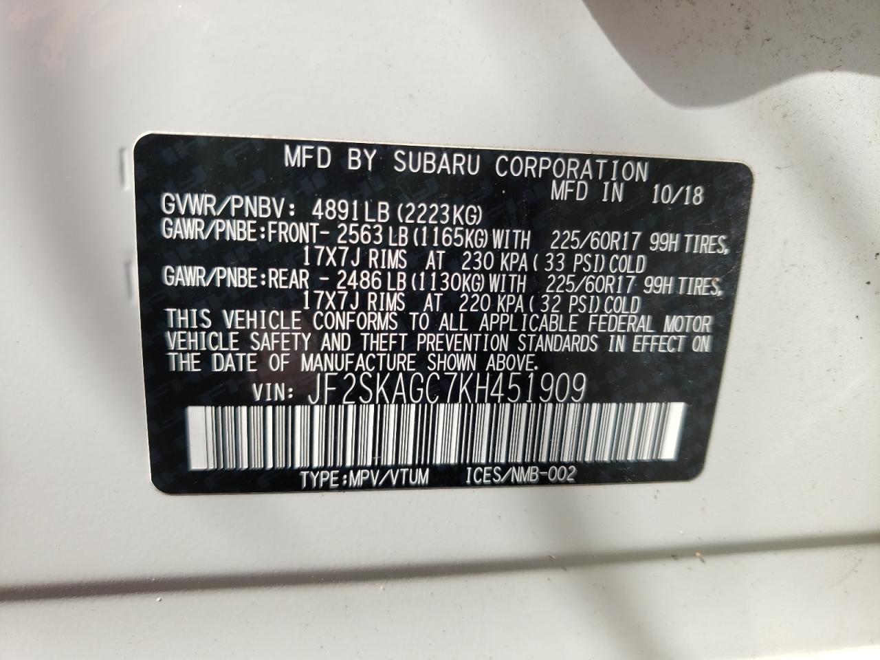 Photo 10 from auction – 2019 SUBARU FORESTER P with VIN JF2SKAGC7KH451909