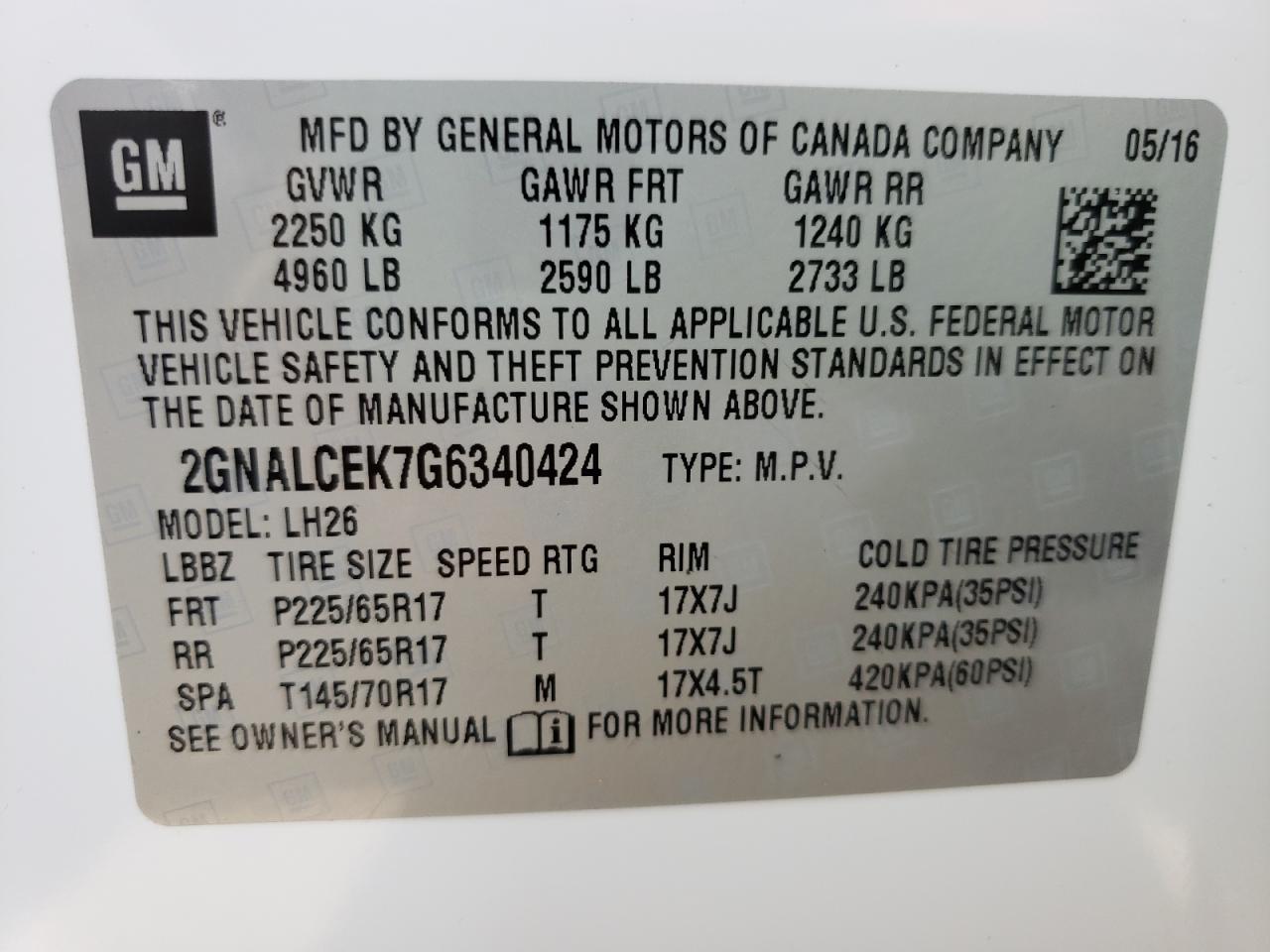 Photo 10 from auction – 2016 CHEVROLET EQUINOX LT with VIN 2GNALCEK7G6340424