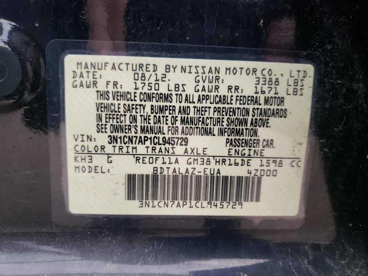 Photo 10 from auction – 2012 NISSAN VERSA with VIN 3N1CN7AP1CL945729