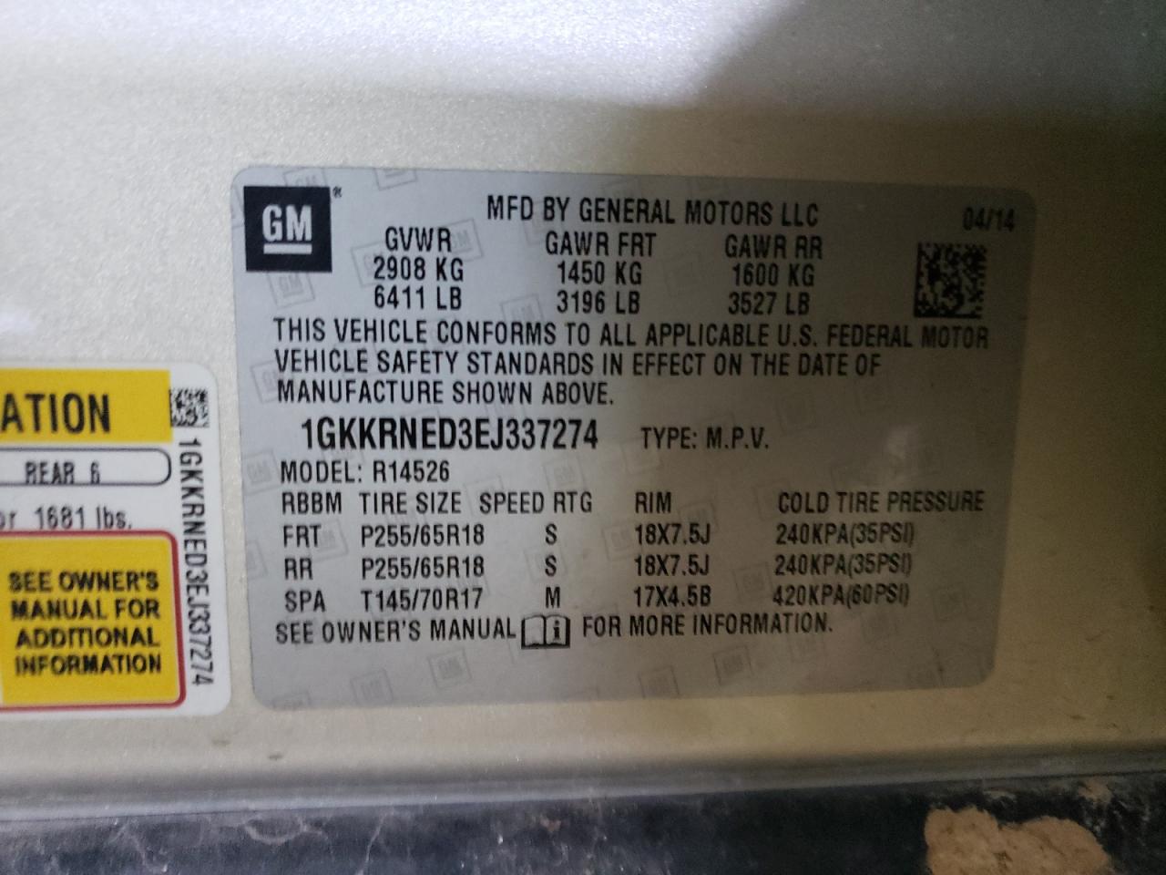 Photo 10 from auction – 2014 GMC ACADIA SLE with VIN 1GKKRNED3EJ337274