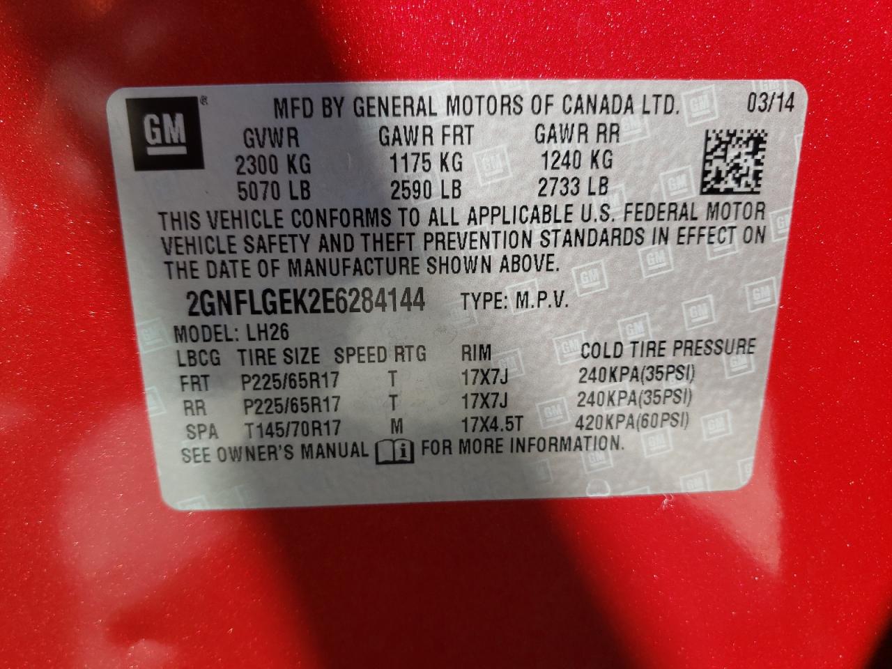 Photo 10 from auction – 2014 CHEVROLET EQUINOX LT with VIN 2GNFLGEK2E6284144