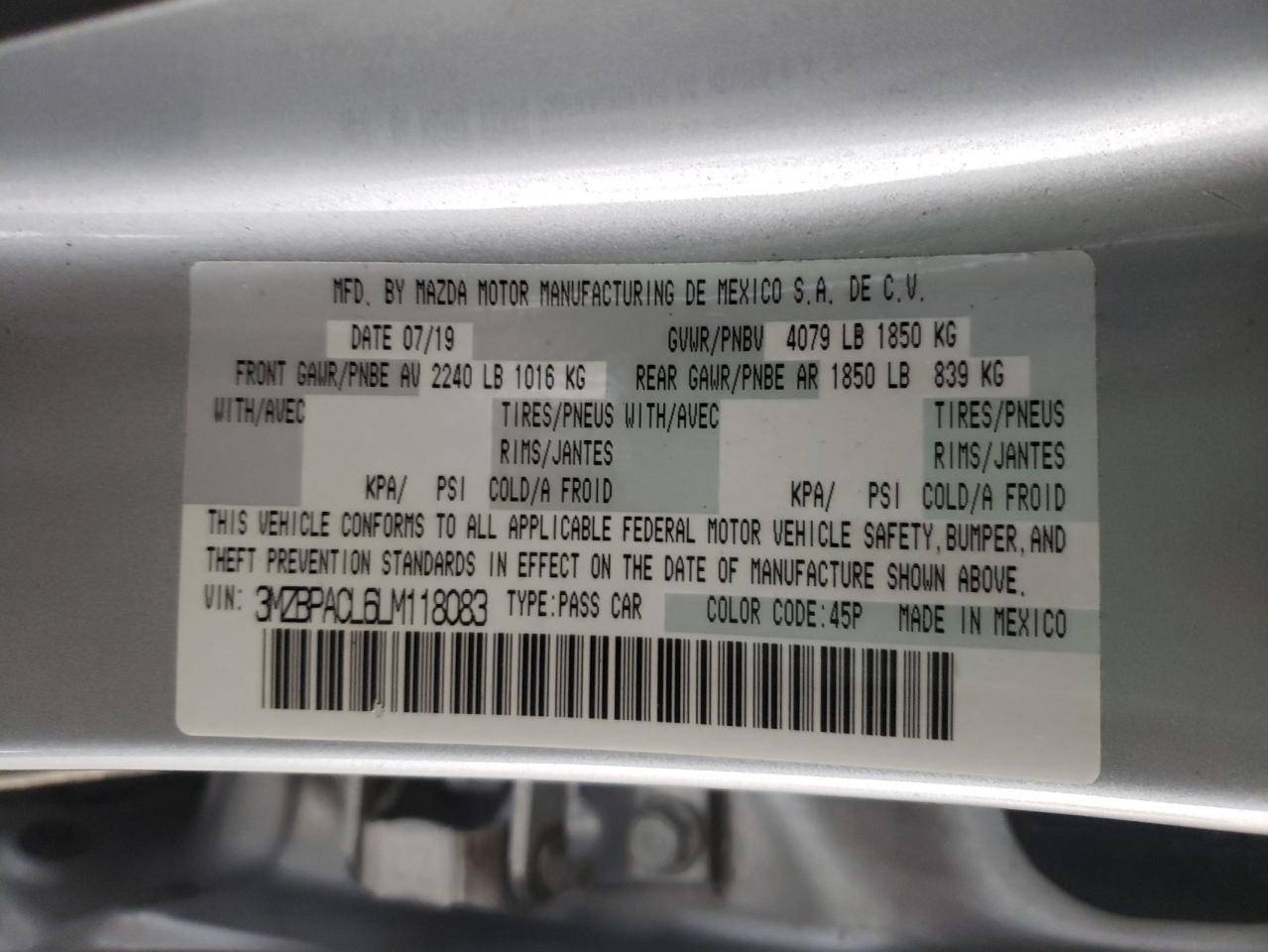 Photo 10 from auction – 2020 MAZDA 3 SELECT with VIN 3MZBPACL6LM118083