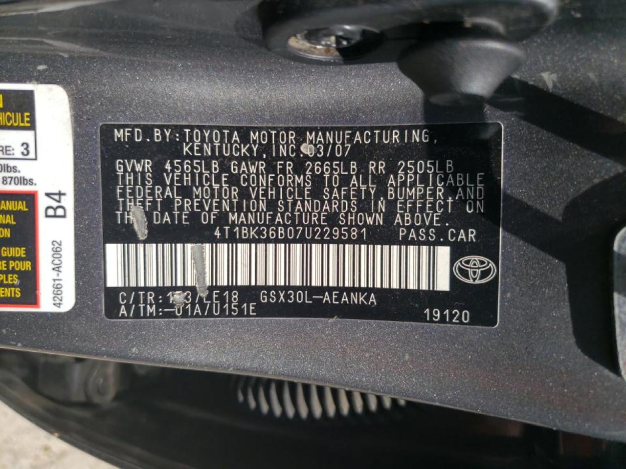 Photo 10 from auction – 2007 TOYOTA AVALON XL with VIN 4T1BK36B07U229581