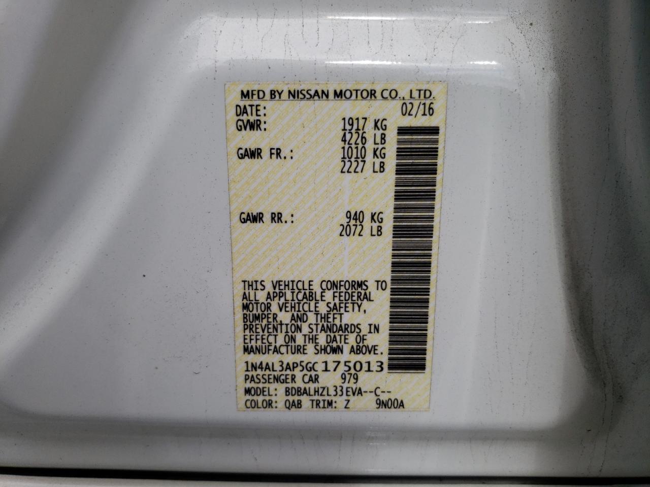 Photo 10 from auction – 2016 NISSAN ALTIMA 2.5 with VIN 1N4AL3AP5GC175013