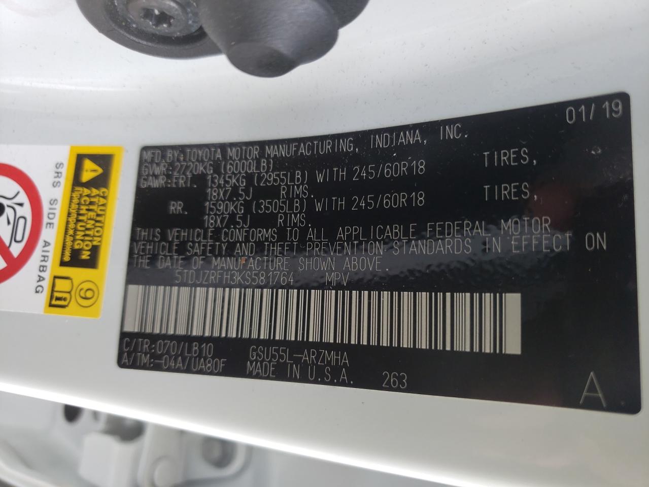 Photo 10 from auction – 2019 TOYOTA HIGHLANDER with VIN 5TDJZRFH3KS581764
