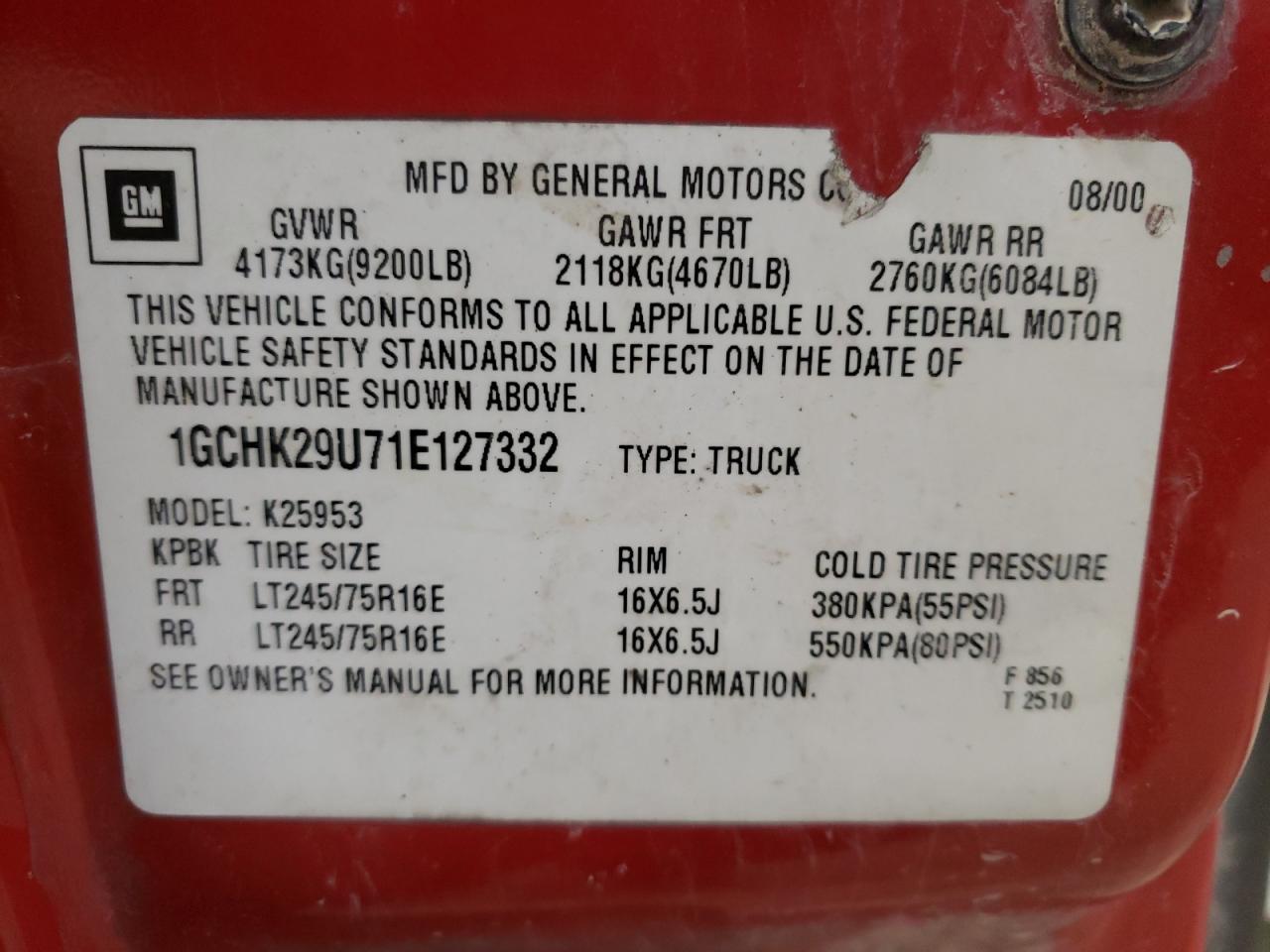 Photo 10 from auction – 2001 CHEVROLET SILVERADO with VIN 1GCHK29U71E127332