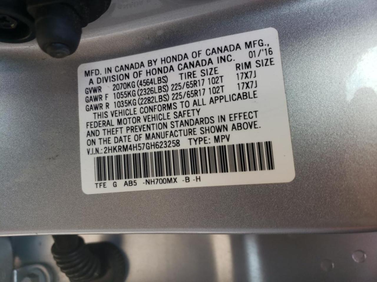 Photo 10 from auction – 2016 HONDA CR-V EX with VIN 2HKRM4H57GH623258