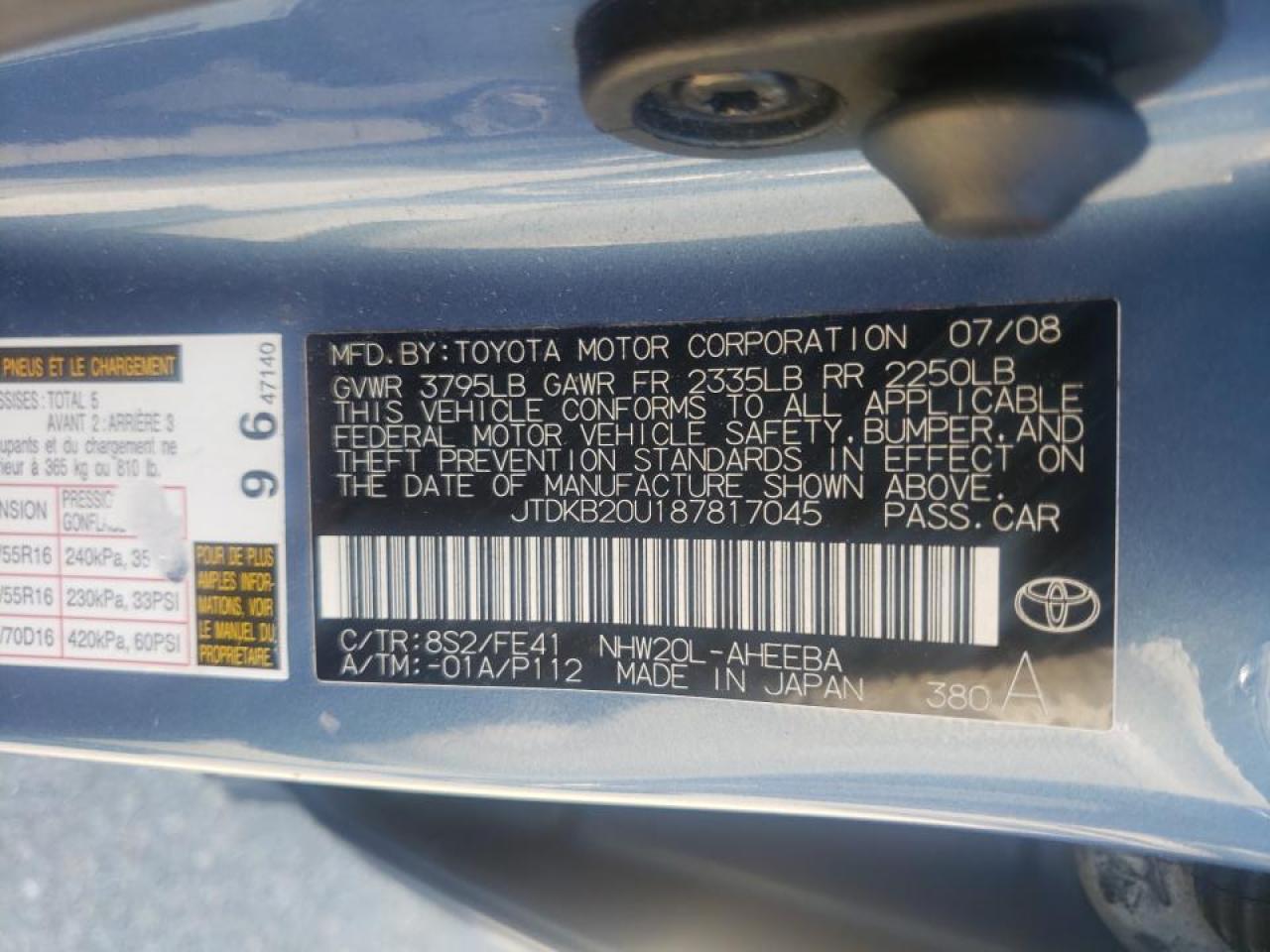 Photo 10 from auction – 2008 TOYOTA PRIUS with VIN JTDKB20U187817045