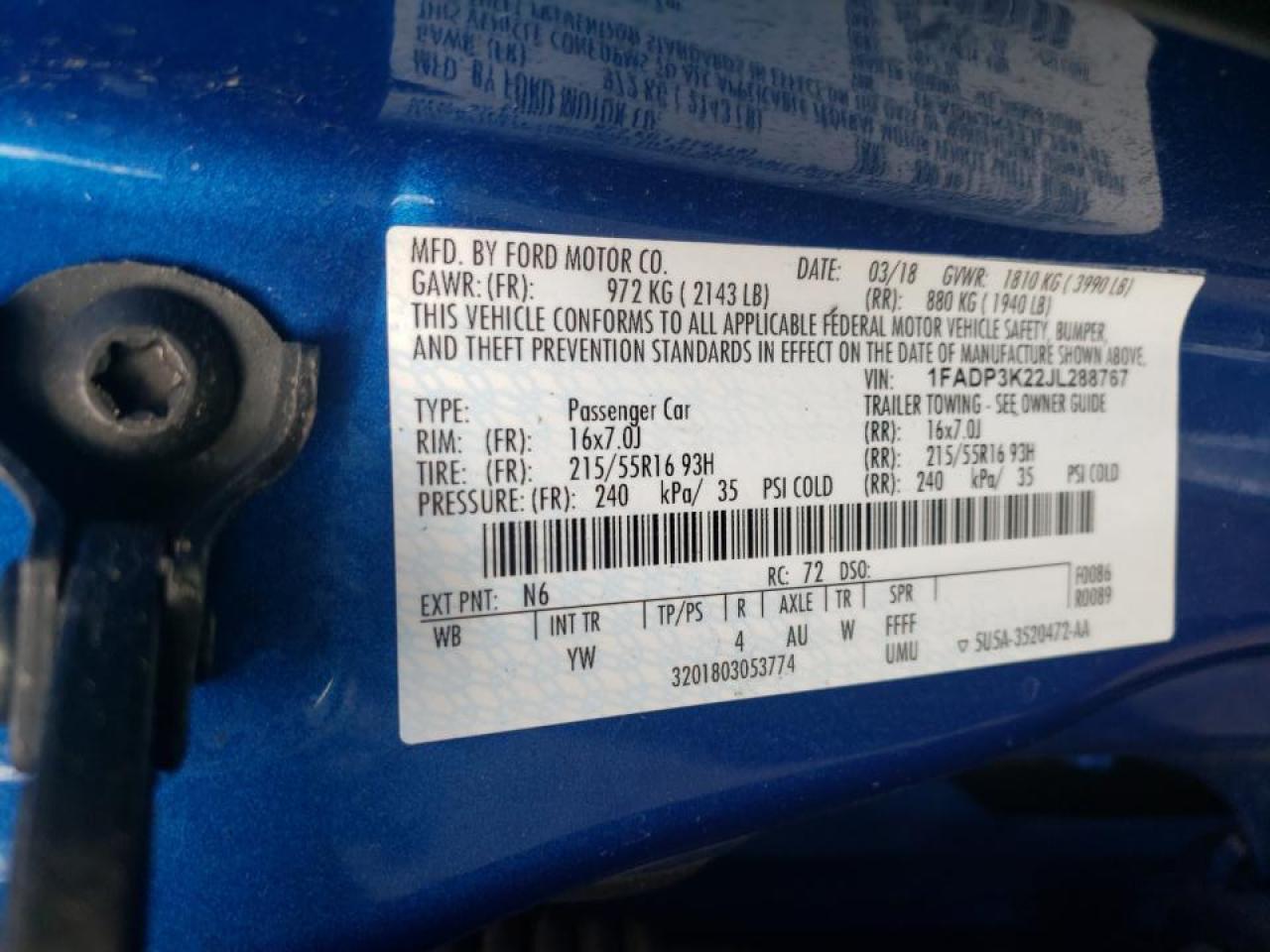 Photo 10 from auction – 2018 FORD FOCUS SE with VIN 1FADP3K22JL288767