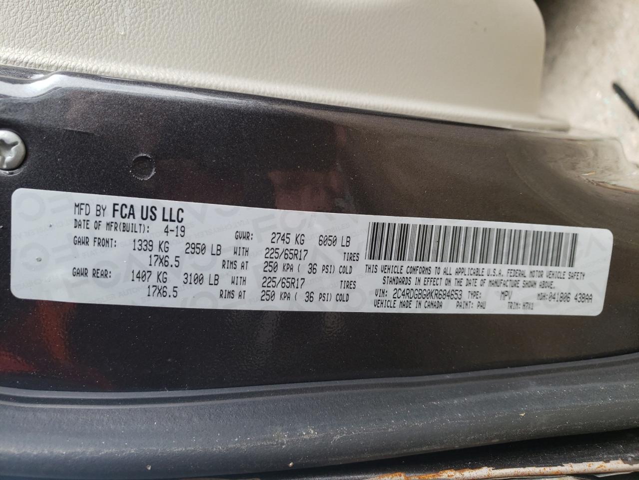 Photo 10 from auction – 2019 DODGE GRAND CARA with VIN 2C4RDGBG0KR684653