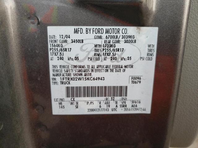 Photo 10 from auction – 2005 FORD F150 with VIN 1FTRX02W15KC64943