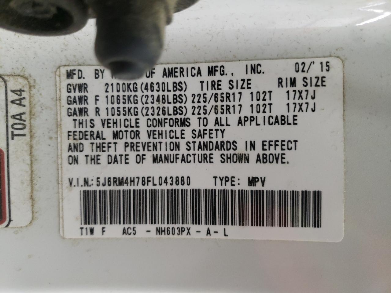 Photo 10 from auction – 2015 HONDA CR-V EXL with VIN 5J6RM4H78FL043880