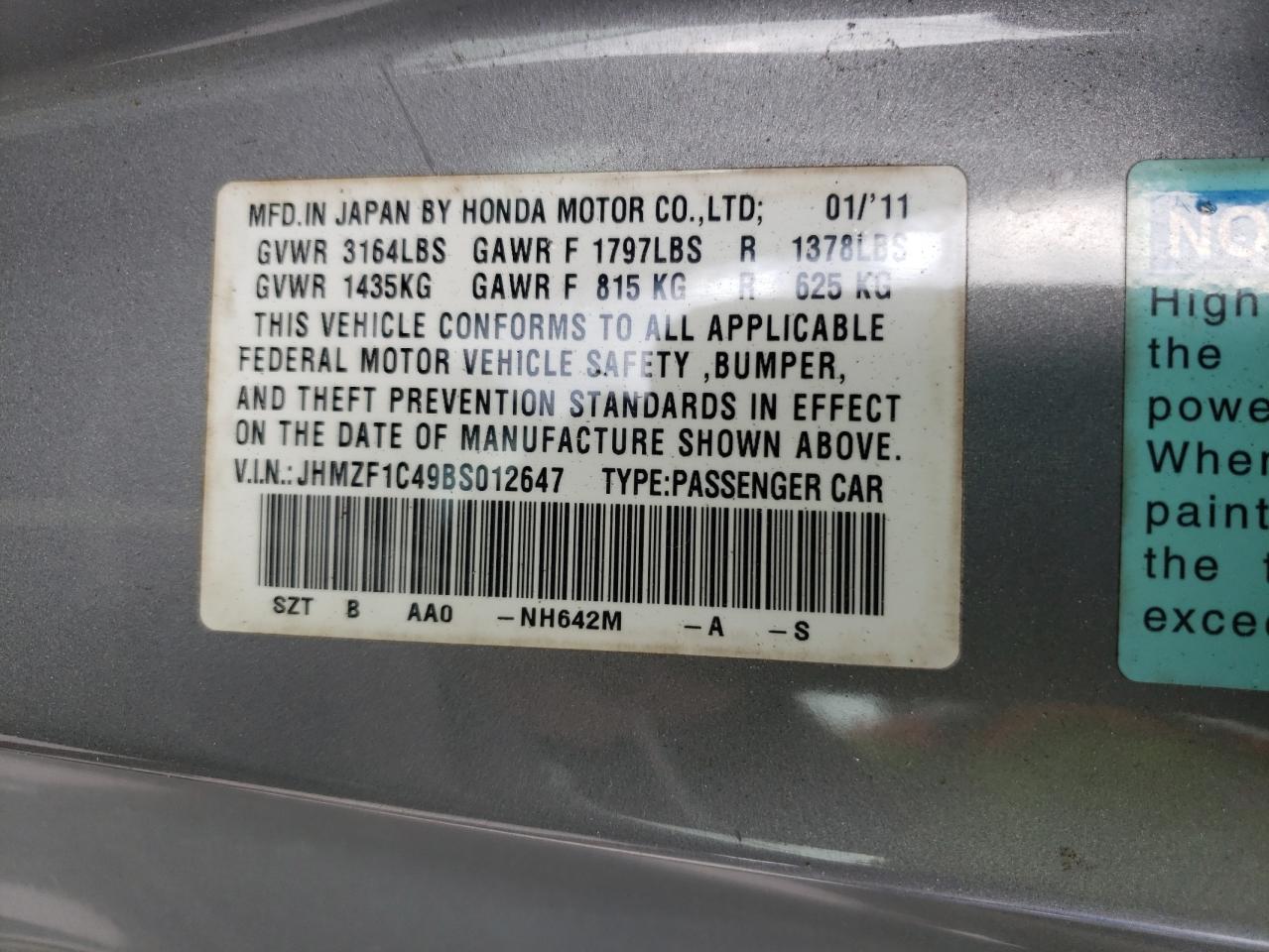Photo 10 from auction – 2011 HONDA CR-Z with VIN JHMZF1C49BS012647