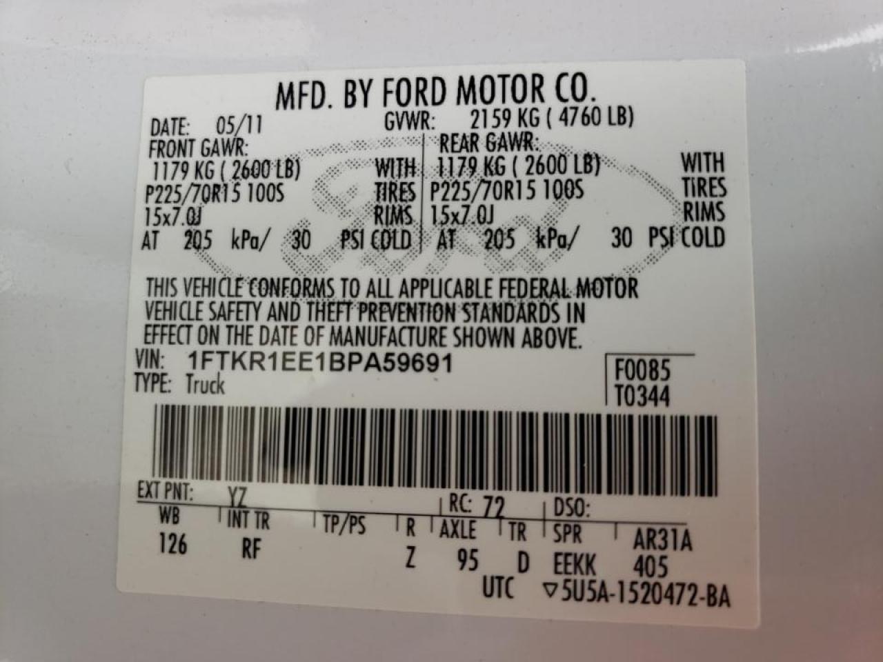 Photo 10 from auction – 2011 FORD RANGER SUP with VIN 1FTKR1EE1BPA59691