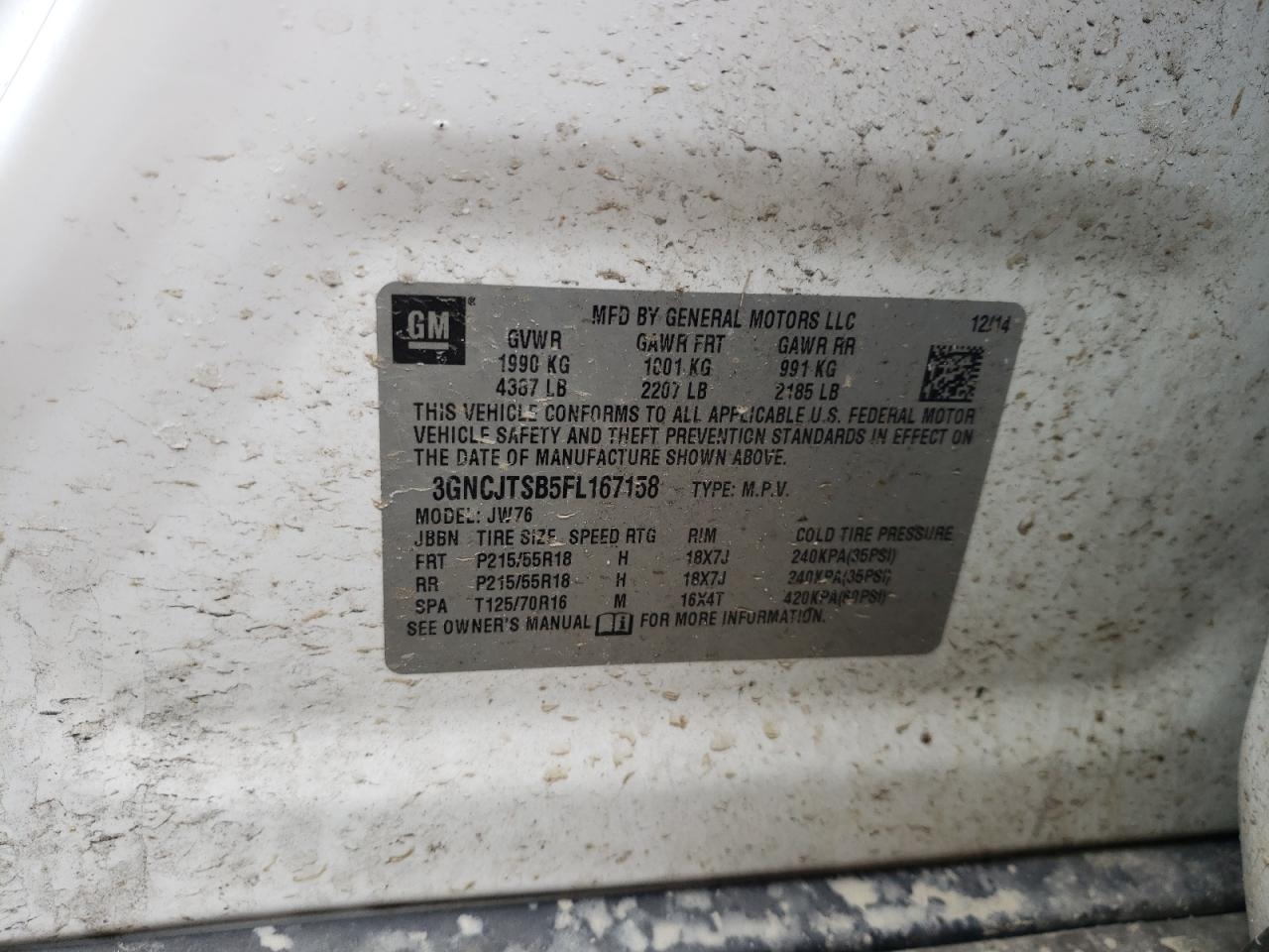Photo 10 from auction – 2015 CHEVROLET TRAX LTZ with VIN 3GNCJTSB5FL167158