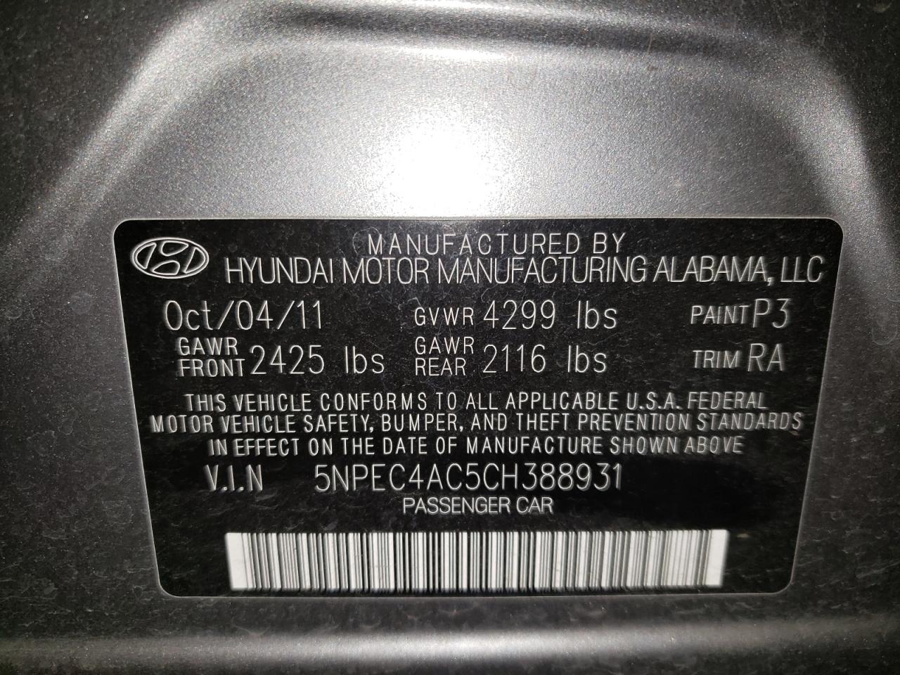 Photo 10 from auction – 2012 HYUNDAI SONATA SE with VIN 5NPEC4AC5CH388931