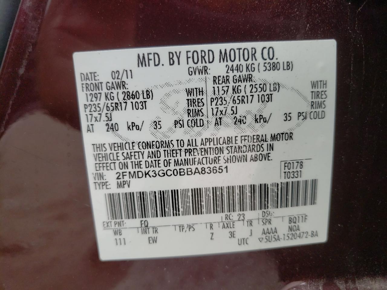 Photo 10 from auction – 2011 FORD EDGE SE with VIN 2FMDK3GC0BBA83651