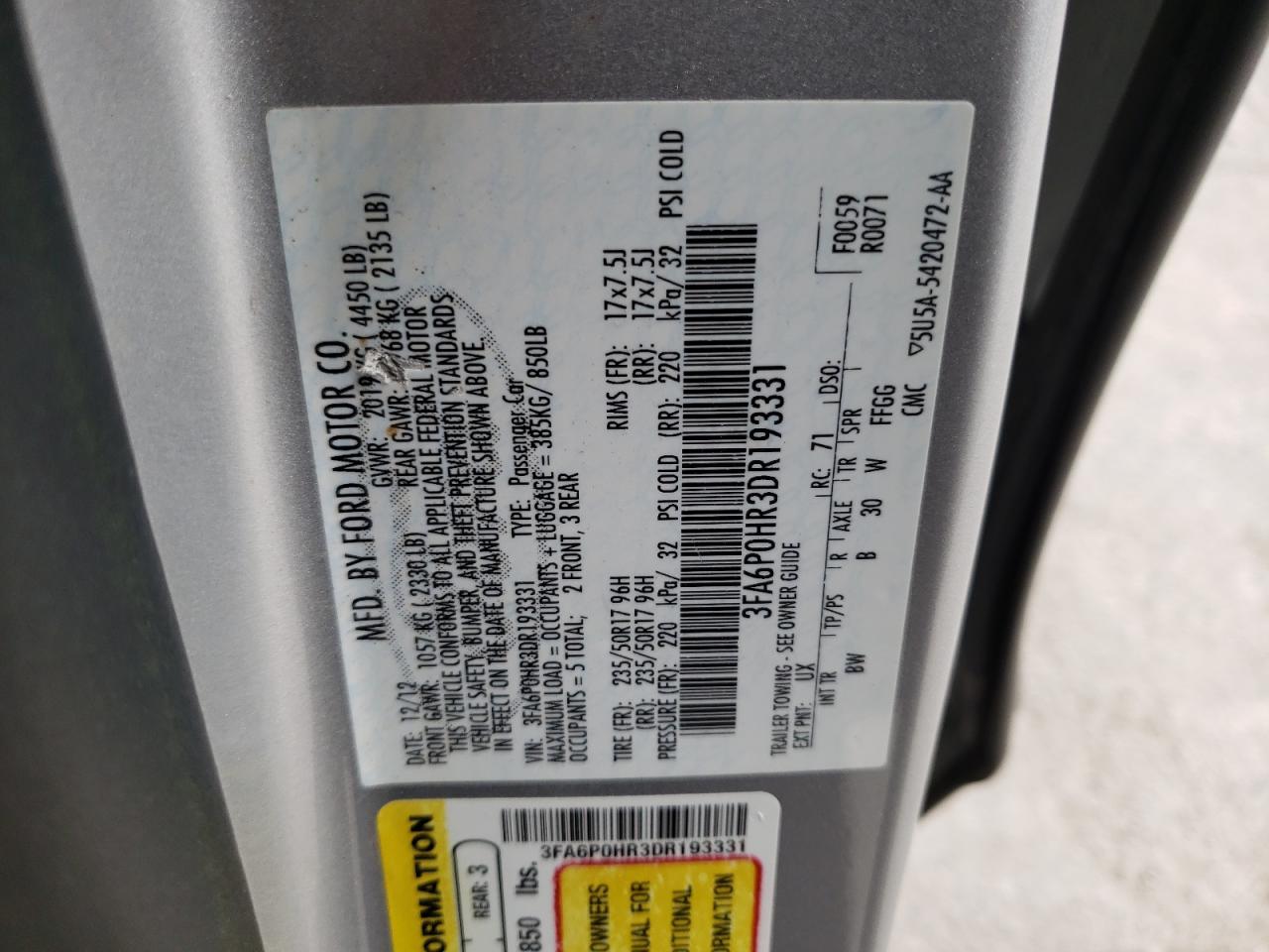 Photo 10 from auction – 2013 FORD FUSION SE with VIN 3FA6P0HR3DR193331