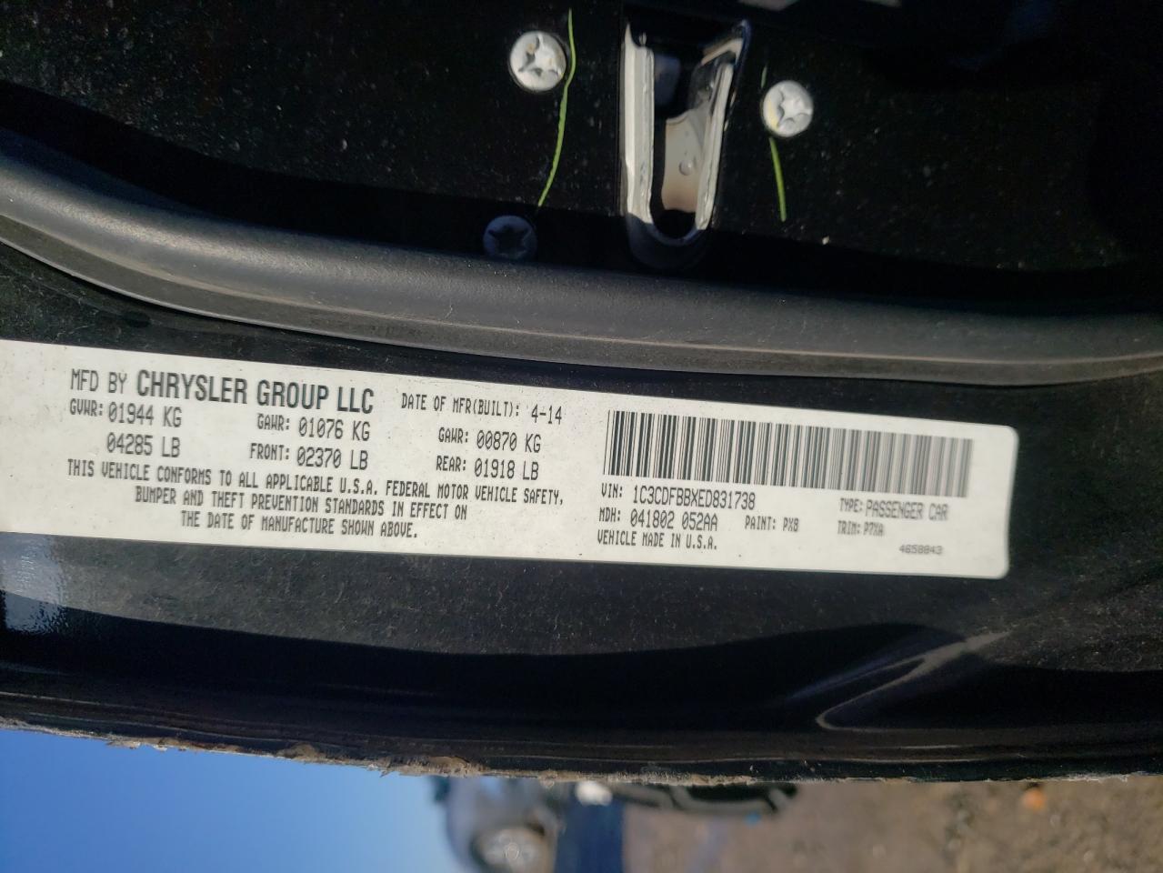 Photo 10 from auction – 2014 DODGE DART SXT with VIN 1C3CDFBBXED831738