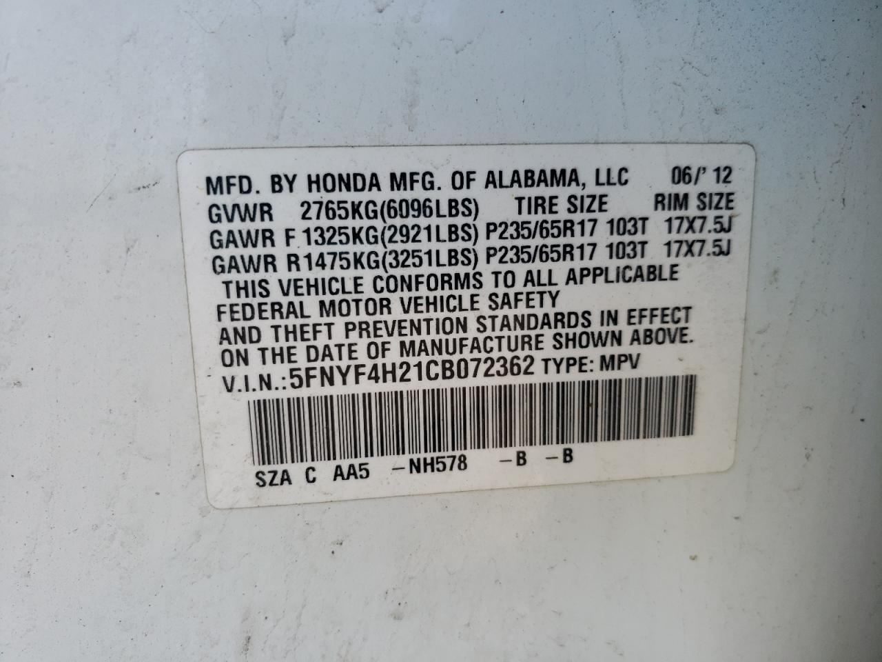Photo 10 from auction – 2012 HONDA PILOT LX with VIN 5FNYF4H21CB072362
