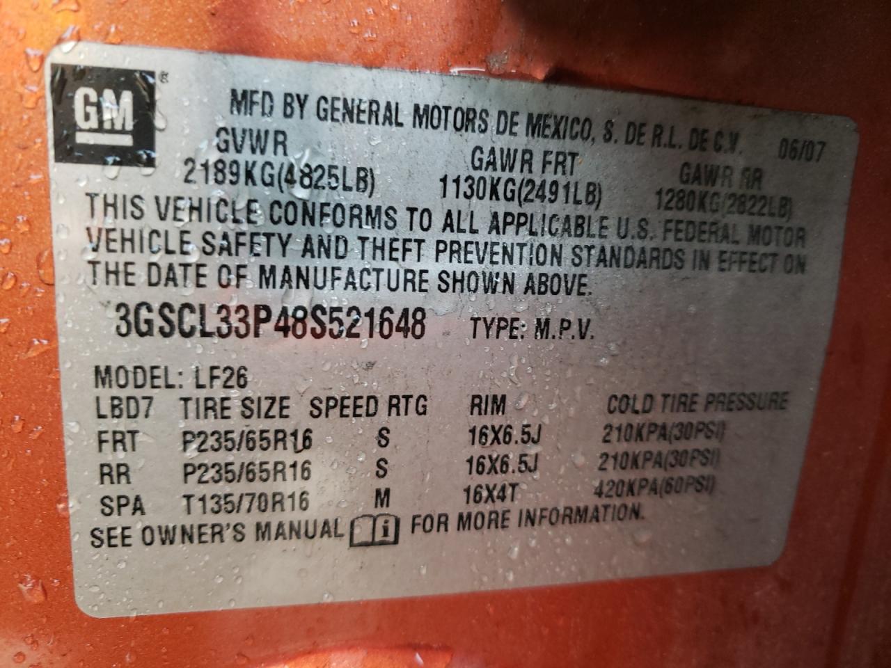 Photo 10 from auction – 2008 SATURN VUE XE with VIN 3GSCL33P48S521648