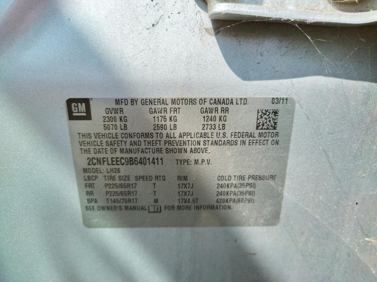 Photo 10 from auction – 2011 CHEVROLET EQUINOX LT with VIN 2CNFLEEC9B6401411