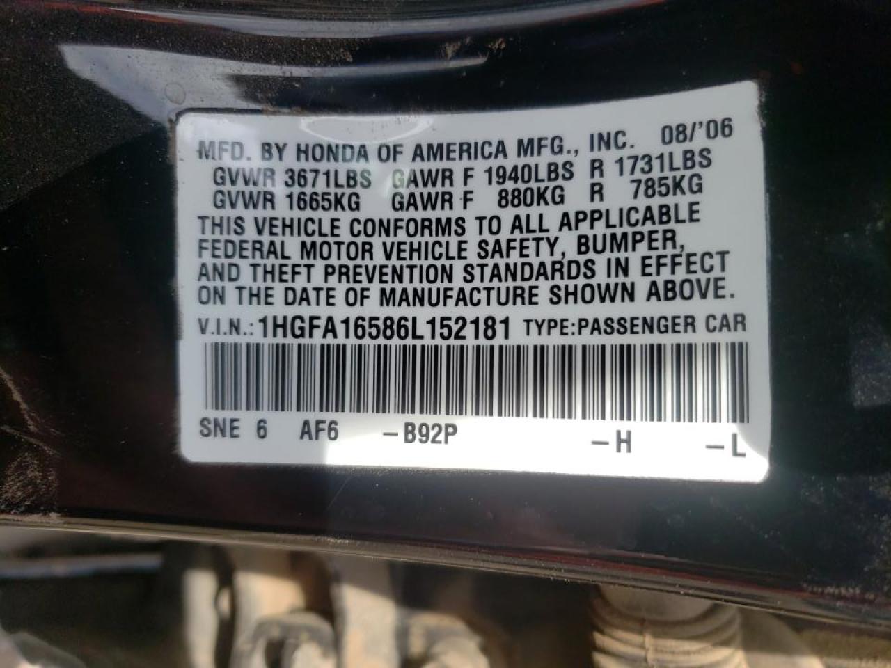 Photo 10 from auction – 2006 HONDA CIVIC LX with VIN 1HGFA16586L152181
