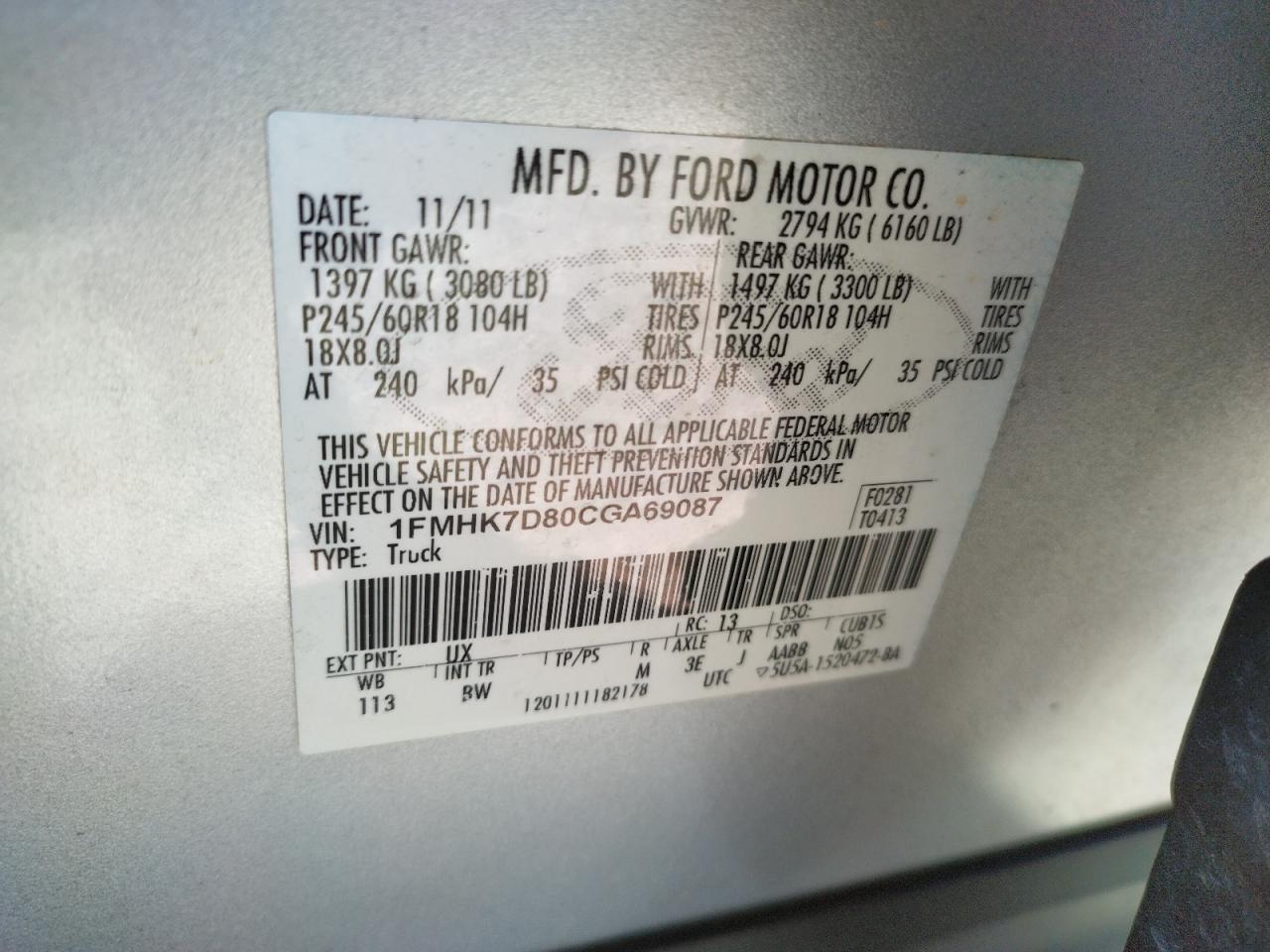 Photo 10 from auction – 2012 FORD EXPLORER X with VIN 1FMHK7D80CGA69087