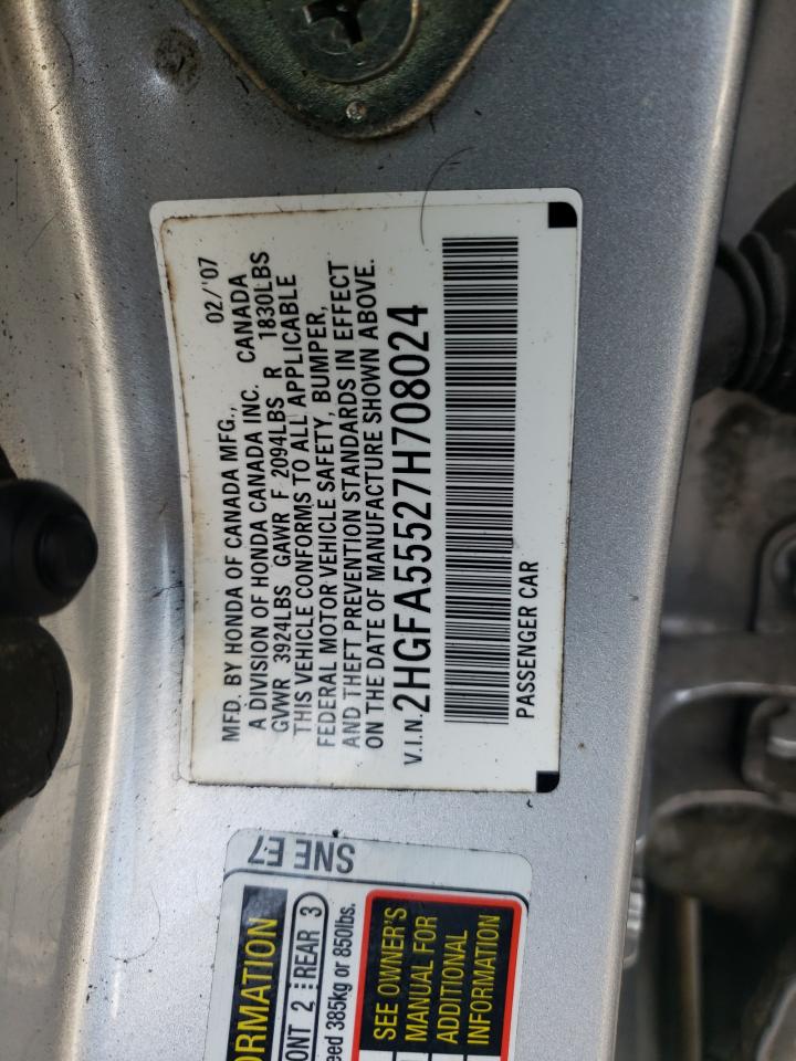 Photo 10 from auction – 2007 HONDA CIVIC SI with VIN 2HGFA55527H708024