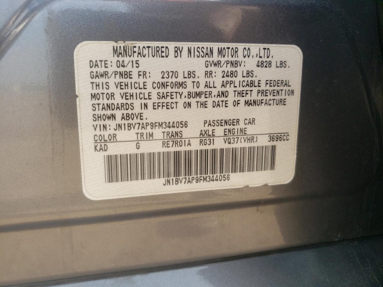 Photo 10 from auction – 2015 INFINITI Q50 BASE with VIN JN1BV7AP9FM344056