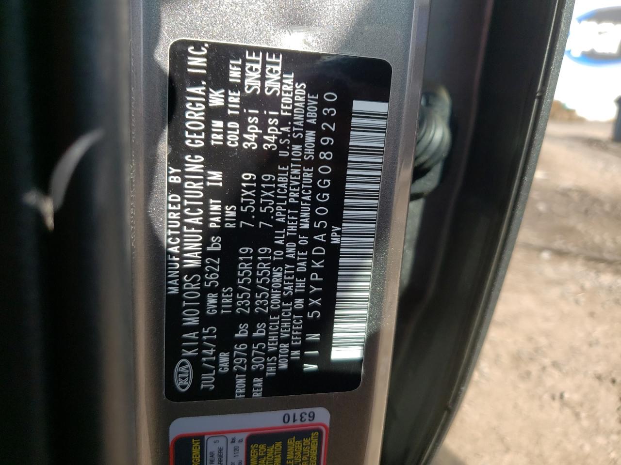 Photo 10 from auction – 2016 KIA SORENTO SX with VIN 5XYPKDA50GG089230