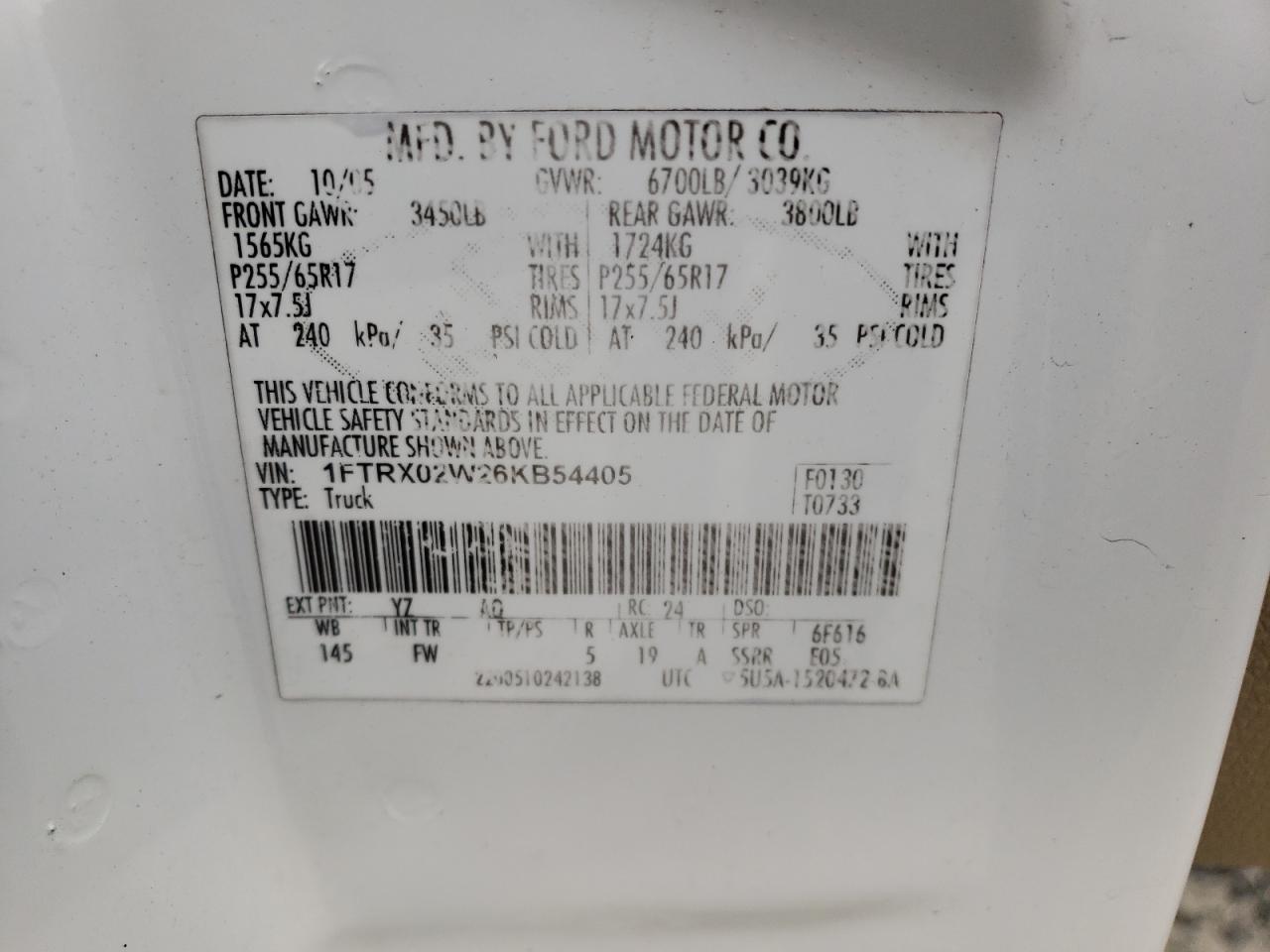 Photo 10 from auction – 2006 FORD F150 with VIN 1FTRX02W26KB54405