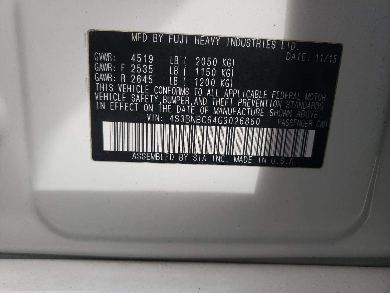 Фото 10 с аукциона – 2016 SUBARU LEGACY 2.5 с VIN 4S3BNBC64G3026860