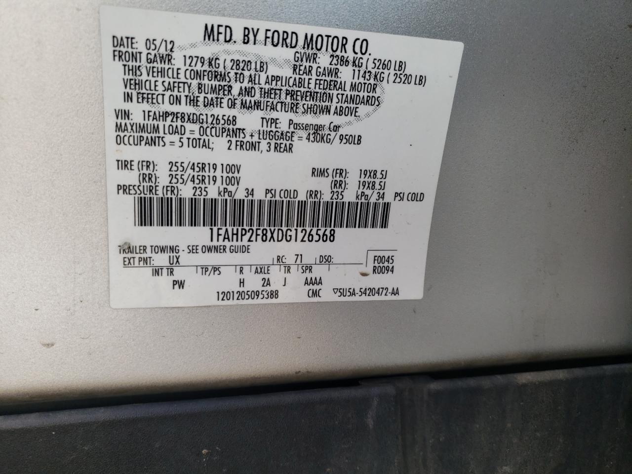 Photo 10 from auction – 2013 FORD TAURUS LIM with VIN 1FAHP2F8XDG126568