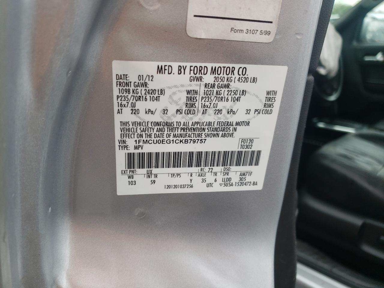 Photo 10 from auction – 2012 FORD ESCAPE LIM with VIN 1FMCU0EG1CKB79757