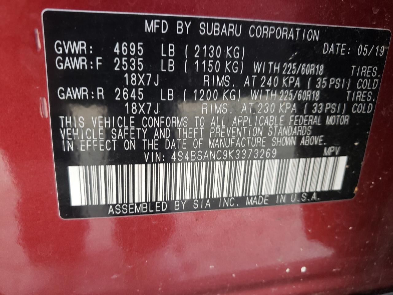 Photo 10 from auction – 2019 SUBARU OUTBACK 2. with VIN 4S4BSANC9K3373269