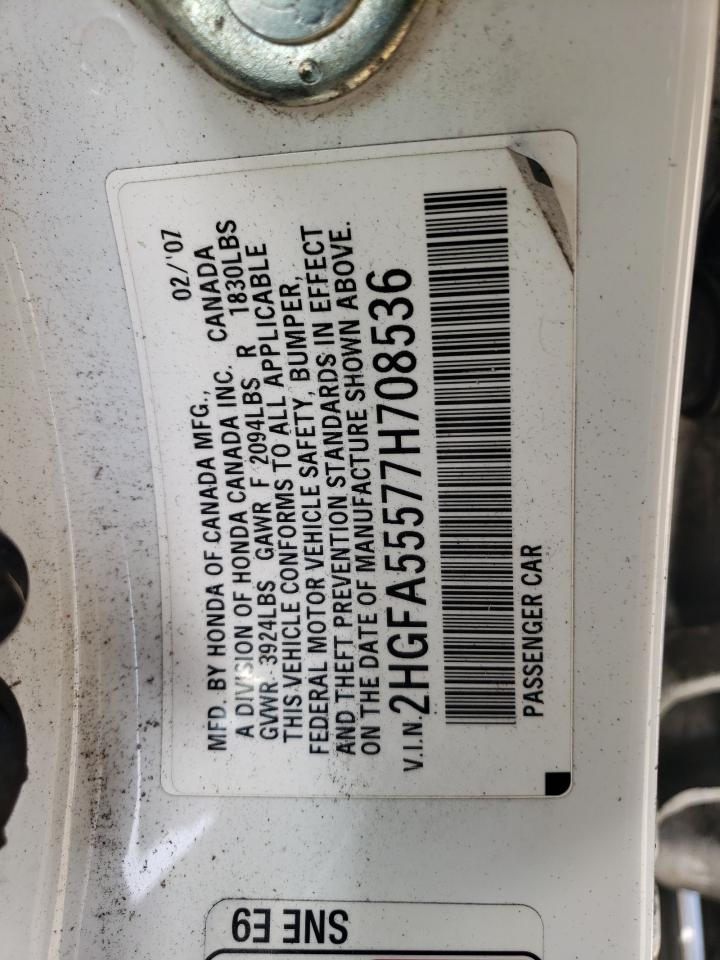 Photo 10 from auction – 2007 HONDA CIVIC SI with VIN 2HGFA55577H708536