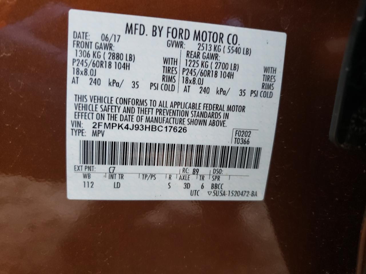 Photo 10 from auction – 2017 FORD EDGE SEL with VIN 2FMPK4J93HBC17626