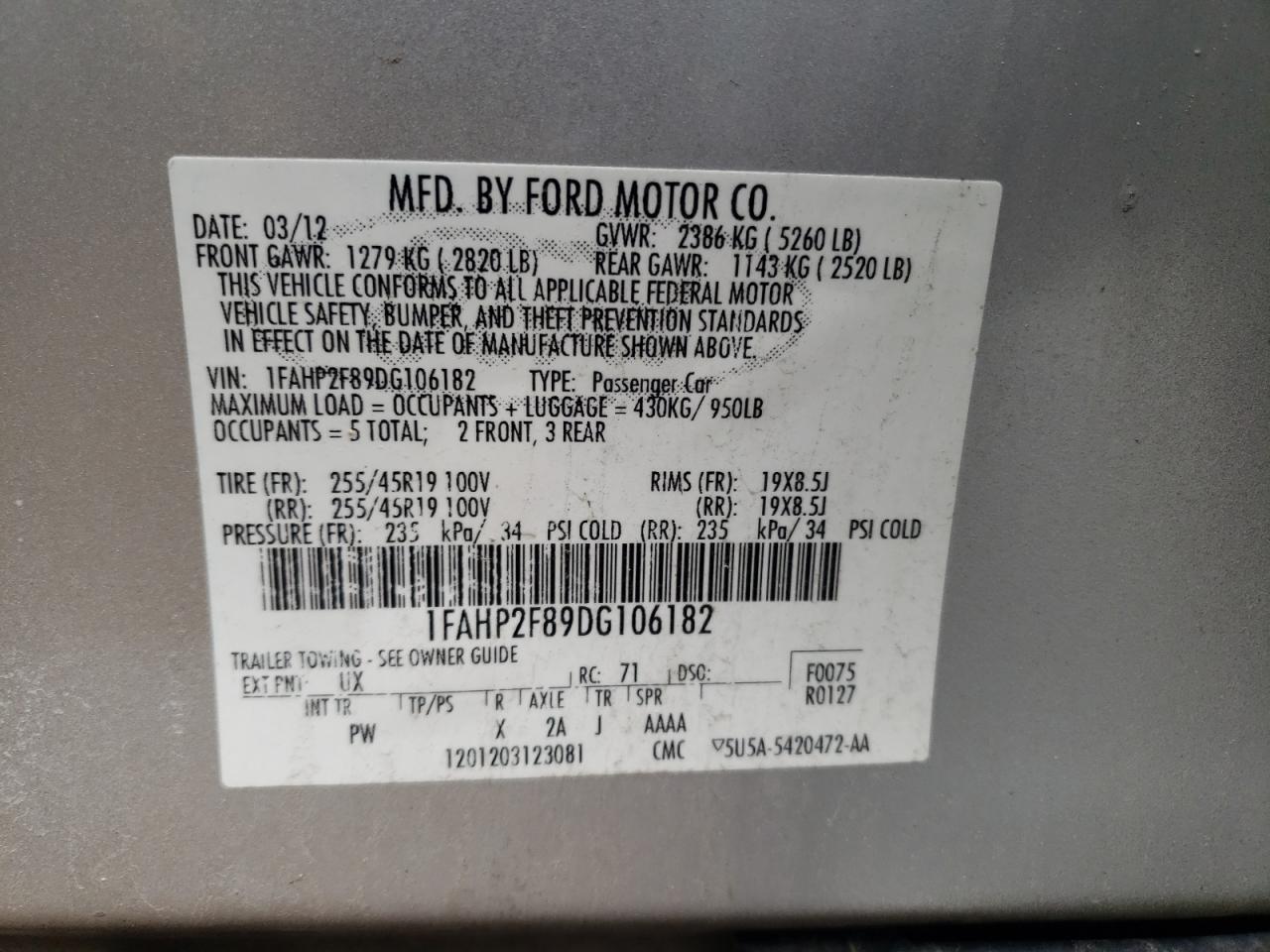 Photo 10 from auction – 2013 FORD TAURUS LIM with VIN 1FAHP2F89DG106182