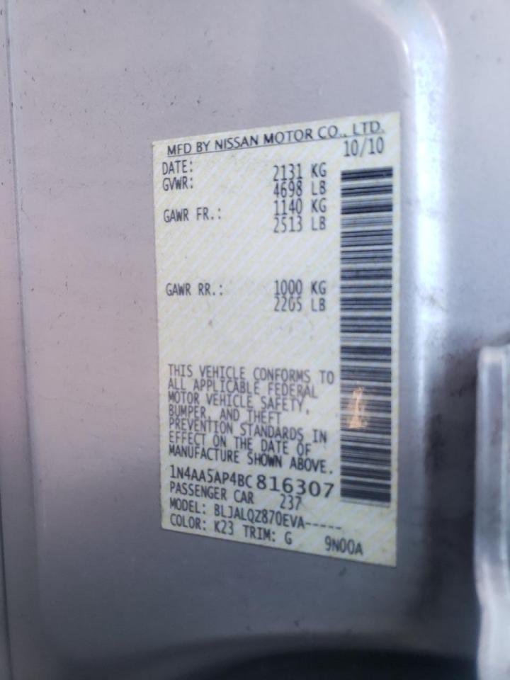 Photo 10 from auction – 2011 NISSAN MAXIMA S with VIN 1N4AA5AP4BC816307